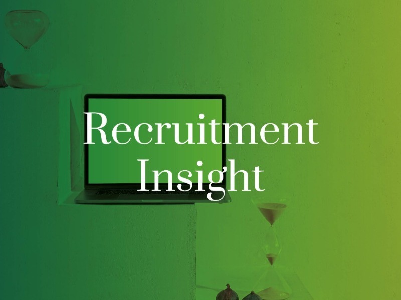 Image of laptop with sand timers covered by a green background with the words recruitment insight on top.